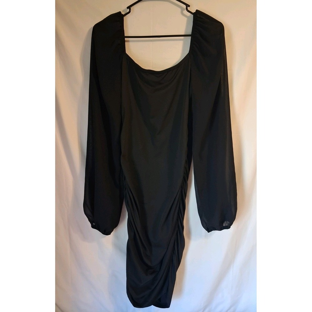 SHEIN Tall Med Contrast Mesh Lantern Sleeve Ruched Bodycon Dress - Picture 4 of 6
